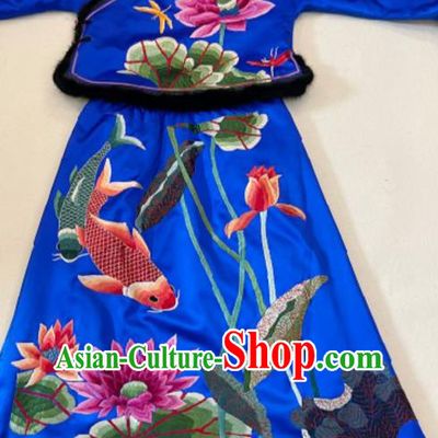 Chinese Traditional Embroidered Costumes Hand Embroidery Lotus Royalblue Silk Cotton Wadded Jacket and Skirt