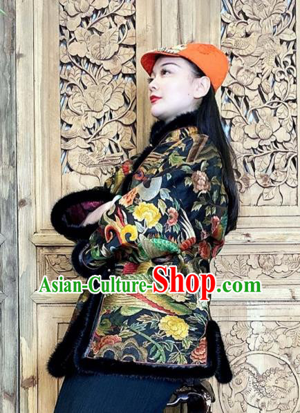 Chinese Traditional Embroidered Black Silk Clothing Woman Embroidered Phoenix Cotton Wadded Jacket Chinese Traditional Embroidered Black Silk Clothing Woman Embroidered Phoenix Cotton Wadded Jacket