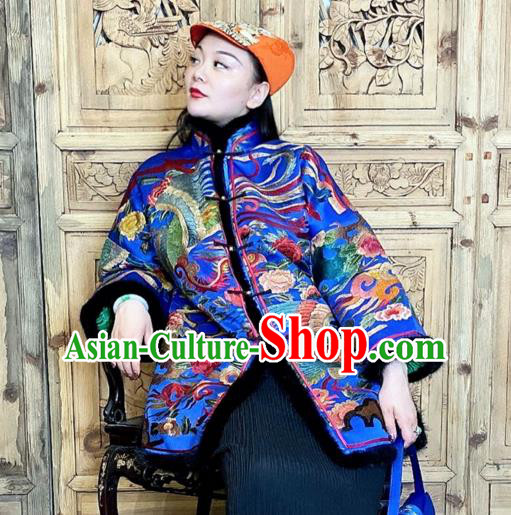Chinese Woman Embroidered Phoenix Cotton Wadded Coat Traditional Tang Suit Blue Silk Clothing Chinese Woman Embroidered Phoenix Cotton Wadded Coat Traditional Tang Suit Blue Silk Clothing