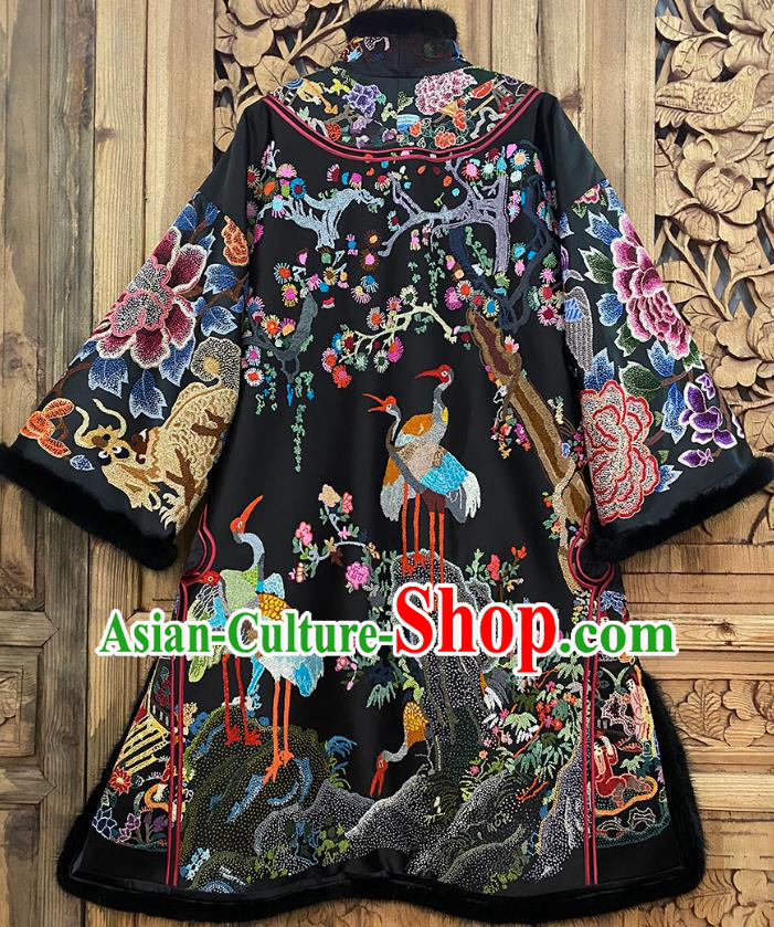 Chinese Traditional Winter Embroidered Clothing Embroidered Black Silk Cotton Wadded Coat Chinese Traditional Winter Embroidered Clothing Embroidered Black Silk Cotton Wadded Coat
