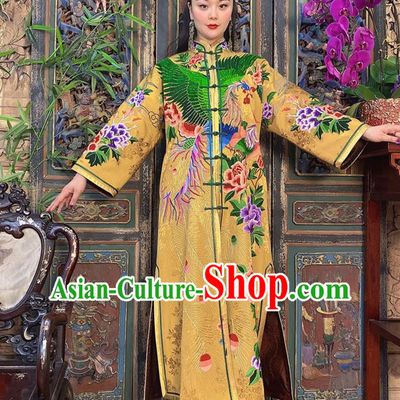 Chinese Traditional Embroidered Long Gown Clothing Embroidered Peacock Peony Yellow Silk Dust Coat