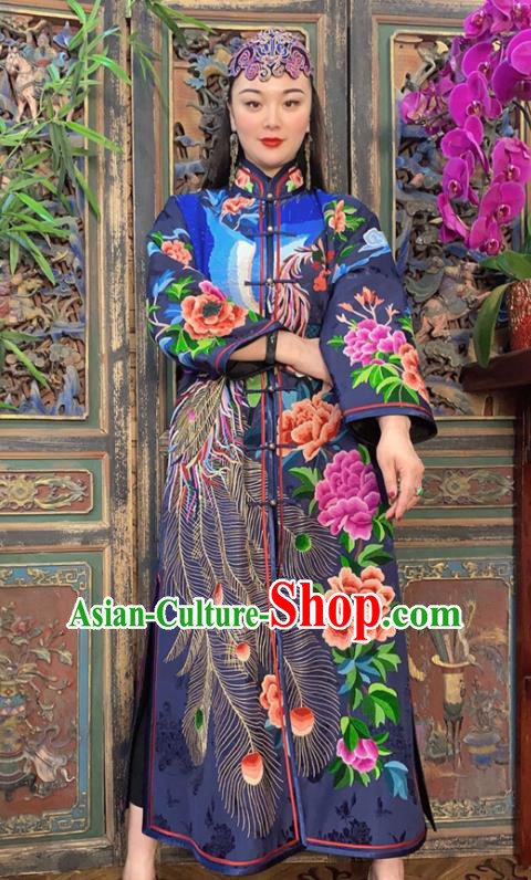 Chinese Embroidered Peacock Peony Navy Silk Dust Coat Traditional Embroidered Long Gown Clothing Chinese Embroidered Peacock Peony Navy Silk Dust Coat Traditional Embroidered Long Gown Clothing