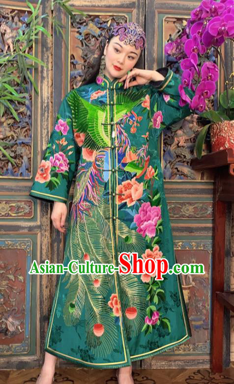 Chinese Embroidered Dust Coat Traditional Embroidered Green Silk Long Gown Clothing Chinese Embroidered Dust Coat Traditional Embroidered Green Silk Long Gown Clothing