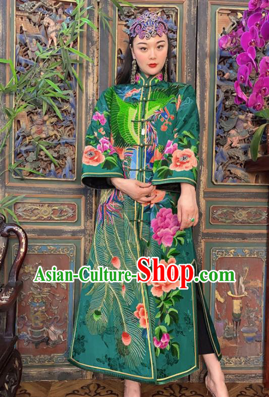Chinese Embroidered Dust Coat Traditional Embroidered Green Silk Long Gown Clothing Chinese Embroidered Dust Coat Traditional Embroidered Green Silk Long Gown Clothing