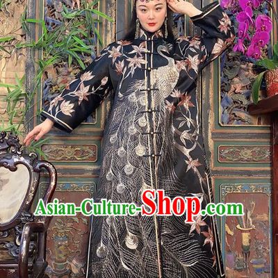 Chinese Traditional Embroidered Black Silk Long Gown Clothing Embroidered Peacock Dust Coat