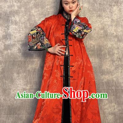 Chinese Embroidered Red Silk Coat Traditional Women Clothing Long Gown Outer Garment