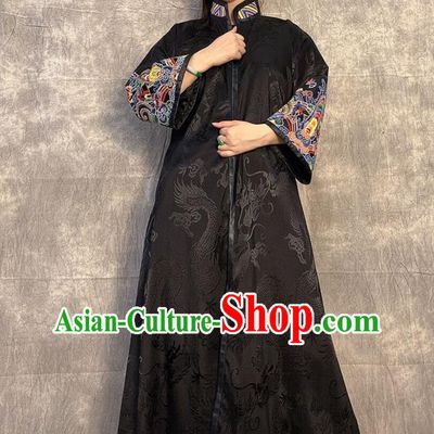 Chinese Traditional Women Clothing Long Gown Outer Garment Embroidered Black Silk Coat