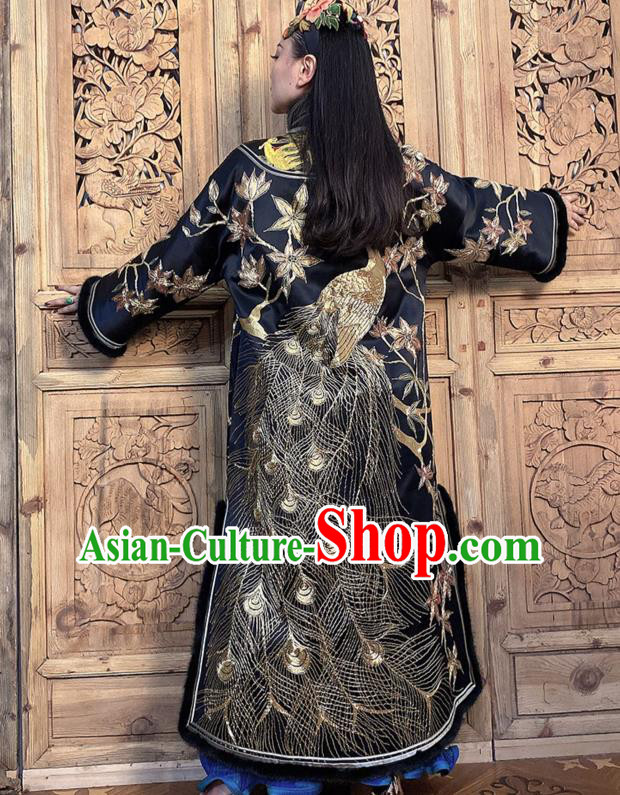 Chinese Traditional National Clothing Women Winter Outer Garment Embroidered Peacock Black Silk Dust Coat Chinese Traditional National Clothing Women Winter Outer Garment Embroidered Peacock Black Silk Dust Coat