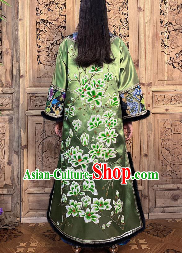 Chinese Green Silk Dust Coat Traditional National Clothing Women Winter Embroidered Mangnolia Outer Garment Chinese Green Silk Dust Coat Traditional National Clothing Women Winter Embroidered Mangnolia Outer Garment