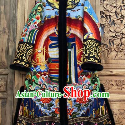Chinese Traditional National Women Clothing Embroidered Dust Coat Winter Blue Silk Outer Garment