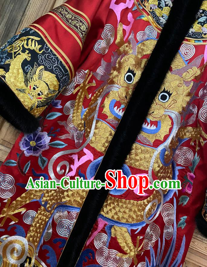 Chinese Embroidered Dragon Dust Coat Winter Red Silk Outer Garment Traditional National Women Clothing Chinese Embroidered Dragon Dust Coat Winter Red Silk Outer Garment Traditional National Women Clothing