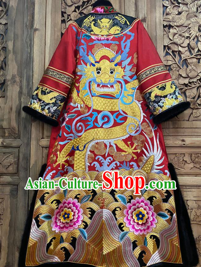 Chinese Embroidered Dragon Dust Coat Winter Red Silk Outer Garment Traditional National Women Clothing Chinese Embroidered Dragon Dust Coat Winter Red Silk Outer Garment Traditional National Women Clothing