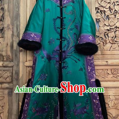 Chinese Winter Green Silk Outer Garment Traditional National Women Clothing Embroidered Phoenix Dust Coat