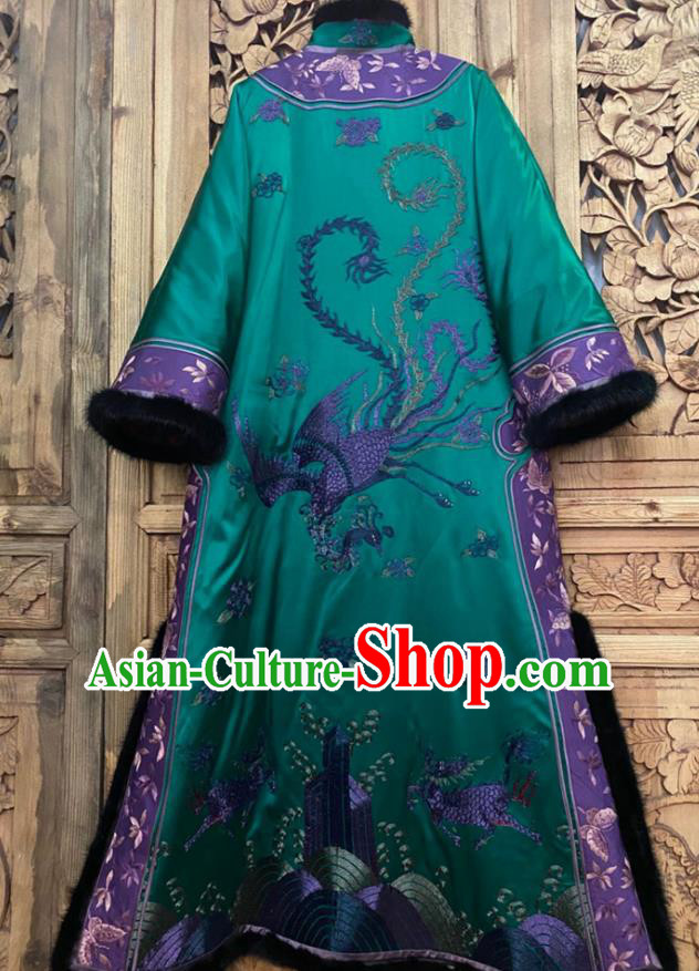Chinese Winter Green Silk Outer Garment Traditional National Women Clothing Embroidered Phoenix Dust Coat Chinese Winter Green Silk Outer Garment Traditional National Women Clothing Embroidered Phoenix Dust Coat