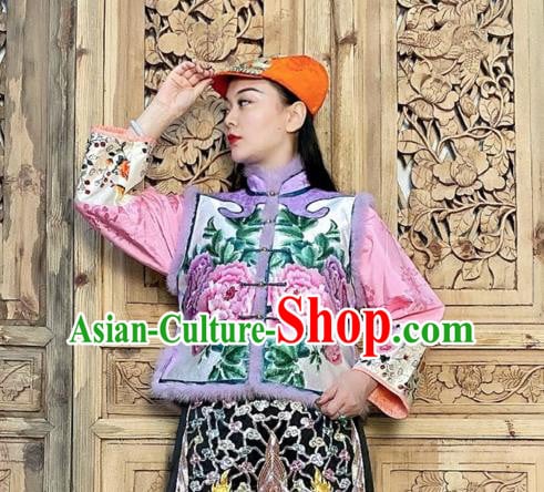 Chinese Winter Violet Silk Waistcoat Traditional National Women Clothing Embroidered Peony Vest Chinese Winter Violet Silk Waistcoat Traditional National Women Clothing Embroidered Peony Vest