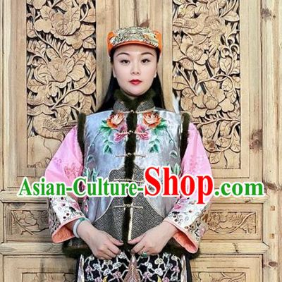 Chinese Traditional Winter Clothing Embroidered Vest Grey Silk Waistcoat
