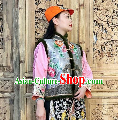Chinese Traditional Winter Clothing Embroidered Vest Grey Silk Waistcoat Chinese Traditional Winter Clothing Embroidered Vest Grey Silk Waistcoat