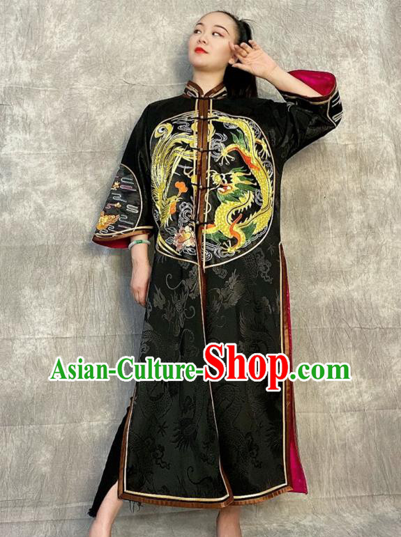 Chinese National Black Silk Dust Coat Traditional Tang Suit Overcoat Embroidered Costume Chinese National Black Silk Dust Coat Traditional Tang Suit Overcoat Embroidered Costume