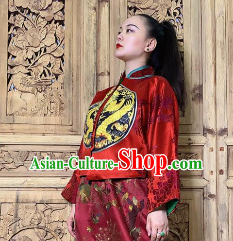 Chinese Tang Suit Upper Outer Garment Traditional Embroidered Red Silk Jacket