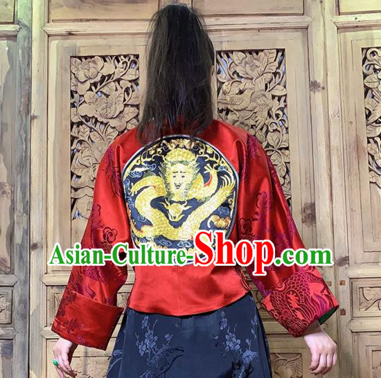 Chinese Tang Suit Upper Outer Garment Traditional Embroidered Red Silk Jacket