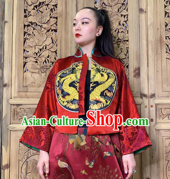 Chinese Tang Suit Upper Outer Garment Traditional Embroidered Red Silk Jacket