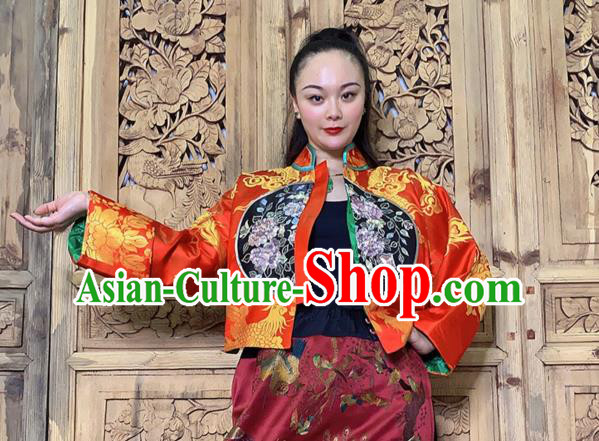 Chinese Traditional Embroidered Red Silk Jacket Tang Suit Outer Garment Chinese Traditional Embroidered Red Silk Jacket Tang Suit Outer Garment