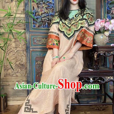 China Hand Embroidery Champagne Silk Dress National Embroidered Cheongsam Costume