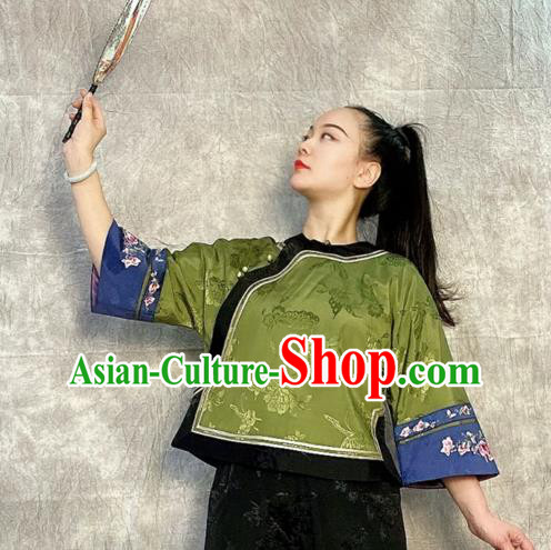 Chinese Tang Suit Upper Outer Garment Traditional Green Silk Blouse Chinese Tang Suit Upper Outer Garment Traditional Green Silk Blouse
