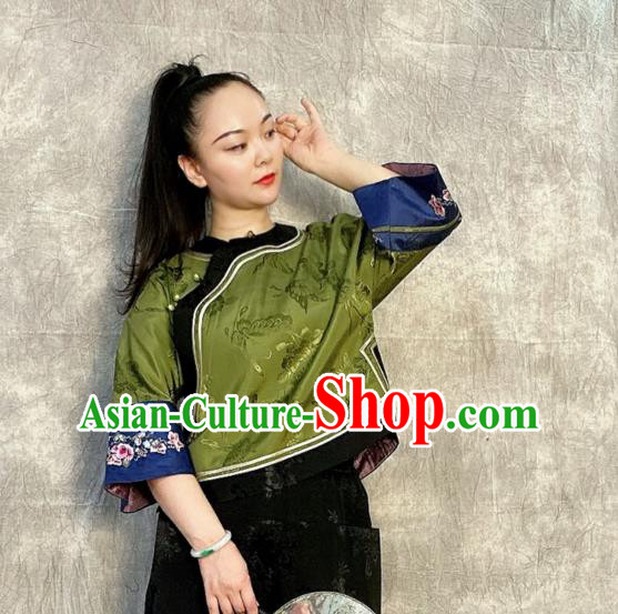 Chinese Tang Suit Upper Outer Garment Traditional Green Silk Blouse Chinese Tang Suit Upper Outer Garment Traditional Green Silk Blouse
