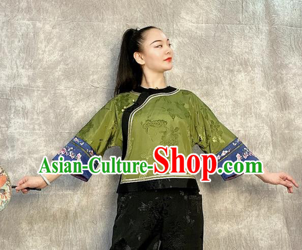 Chinese Tang Suit Upper Outer Garment Traditional Green Silk Blouse Chinese Tang Suit Upper Outer Garment Traditional Green Silk Blouse