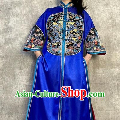 Chinese Tang Suit Overcoat Embroidered Royalblue Silk Dust Coat Traditional National Costume