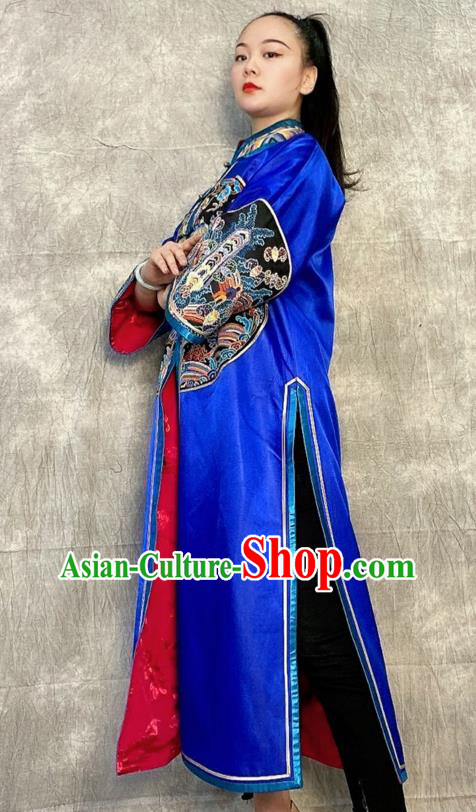 Chinese Tang Suit Overcoat Embroidered Royalblue Silk Dust Coat Traditional National Costume Chinese Tang Suit Overcoat Embroidered Royalblue Silk Dust Coat Traditional National Costume
