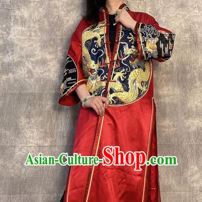 Chinese Traditional National Costume Tang Suit Overcoat Embroidered Dragon Red Silk Dust Coat