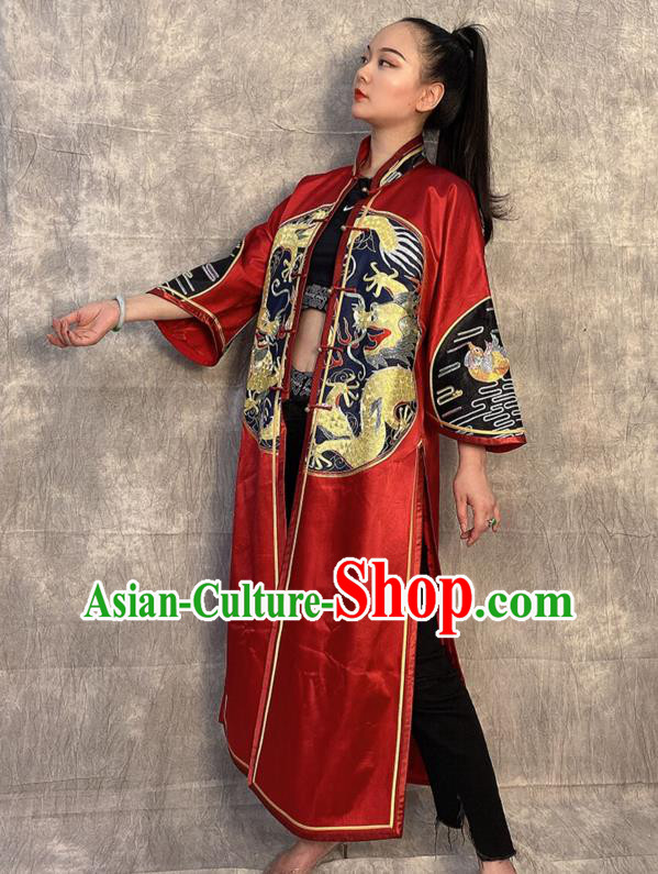 Chinese Traditional National Costume Tang Suit Overcoat Embroidered Dragon Red Silk Dust Coat Chinese Traditional National Costume Tang Suit Overcoat Embroidered Dragon Red Silk Dust Coat