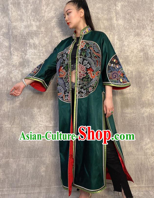 Chinese Embroidered Dragon Deep Green Silk Dust Coat Traditional National Costume Tang Suit Overcoat Chinese Embroidered Dragon Deep Green Silk Dust Coat Traditional National Costume Tang Suit Overcoat