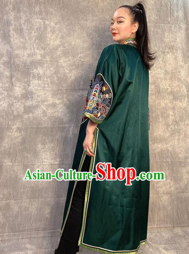 Chinese Embroidered Dragon Deep Green Silk Dust Coat Traditional National Costume Tang Suit Overcoat Chinese Embroidered Dragon Deep Green Silk Dust Coat Traditional National Costume Tang Suit Overcoat