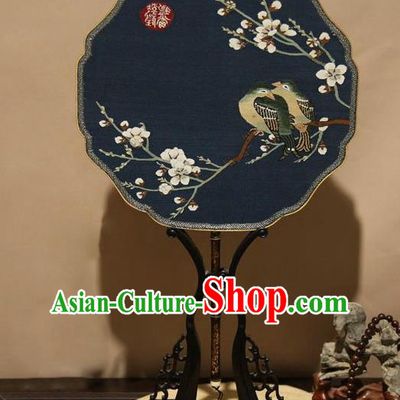 China Traditional Palace Fan Handmade Suzhou Craft Fan Classical Plum Blossom Pattern Navy Silk Fan