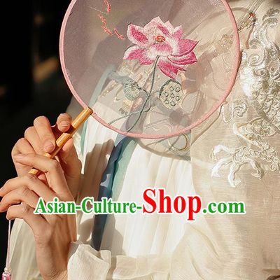 China Handmade Embroidered Lotus Palace Fan Classical Circular Silk Fan Traditional Hanfu Fan