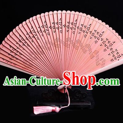 Chinese Handmade Hollow Fan Traditional Pink Bamboo Accordion Classical Folding Fan