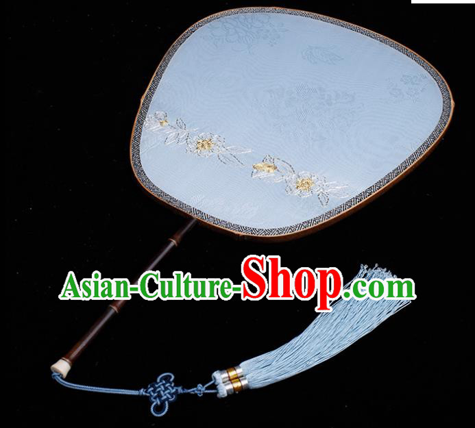 China Traditional Jacquard Blue Silk Fan Classical Palace Fan Handmade Hanfu Fan China Traditional Jacquard Blue Silk Fan Classical Palace Fan Handmade Hanfu Fan