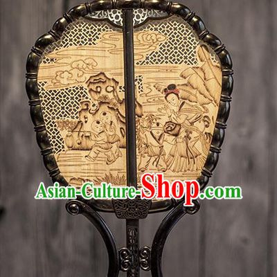 China Classical Playing Boys Painting Palace Fan Handmade Hollow Fan Traditional Carving Wood Fan