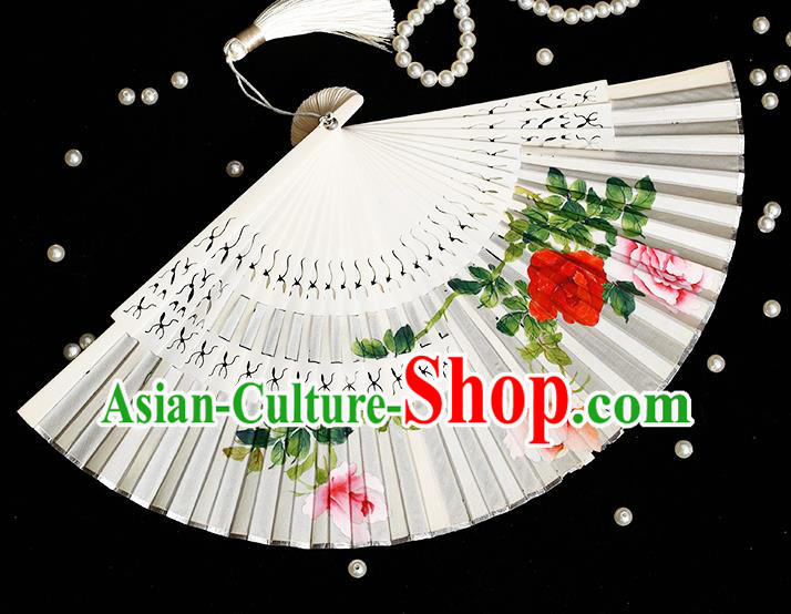 Chinese Hand Painting Rose Folding Fan Classical Fan Hollow Bones Accordion Chinese Hand Painting Rose Folding Fan Classical Fan Hollow Bones Accordion