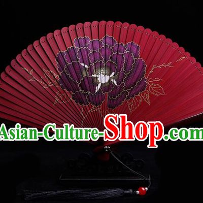Chinese Traditional Red Bamboo Accordion Classical Folding Fan Handmade Painting Peony Fan