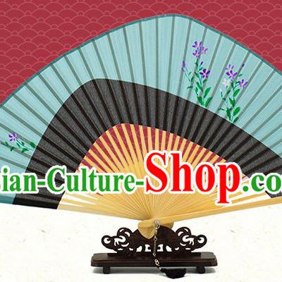 Chinese Printing Green Silk Fan Traditional Kung Fu Accordion Handmade Tai Chi Folding Fan