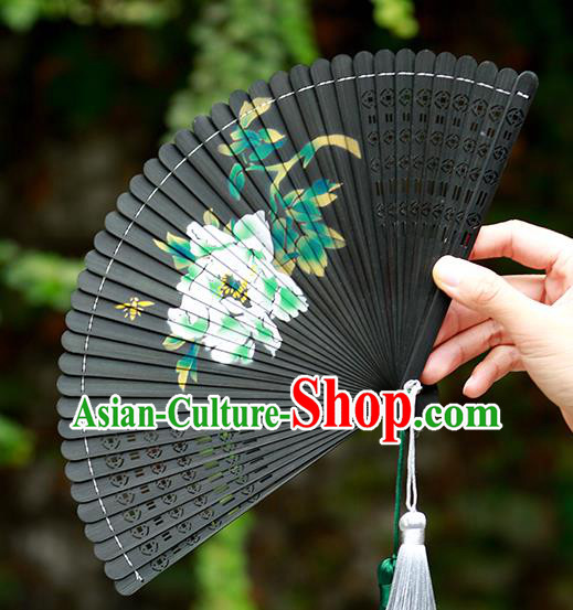 Chinese Handmade Kung Fu Folding Fan Traditional Printing Peony Black Bamboo Fan Chinese Handmade Kung Fu Folding Fan Traditional Printing Peony Black Bamboo Fan