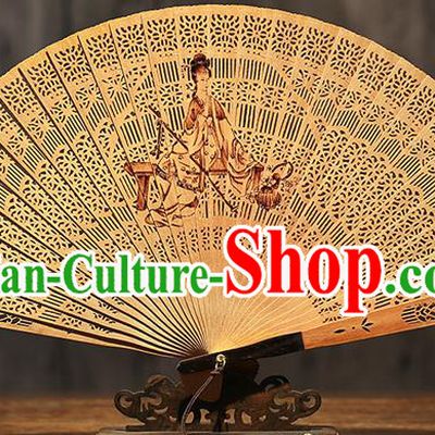 Chinese Traditional Kung Fu Fan Handmade Sandalwood Fan Ink Painting Goddess Folding Fan