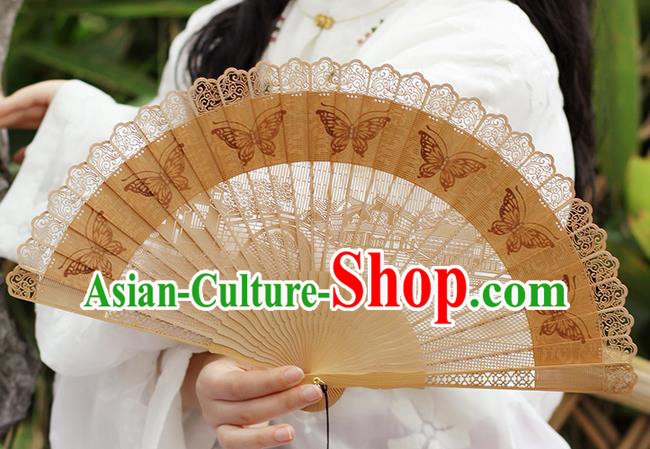 Chinese Printing Butterfly Folding Fan Traditional Hollow Fan Handmade Sandalwood Fan
