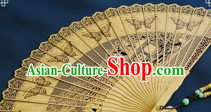 Chinese Printing Butterfly Folding Fan Traditional Hollow Fan Handmade Sandalwood Fan