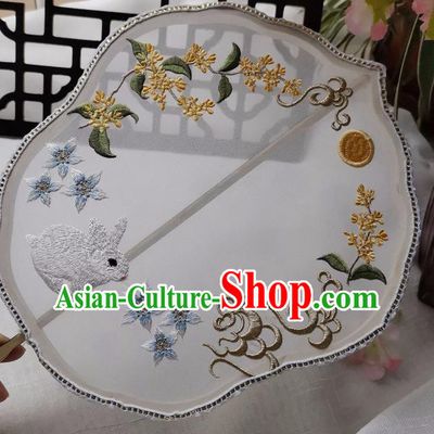 China Handmade Embroidered Osmanthus Rabbit Palace Fan Classical White Silk Fan Traditional Hanfu Princess Fan
