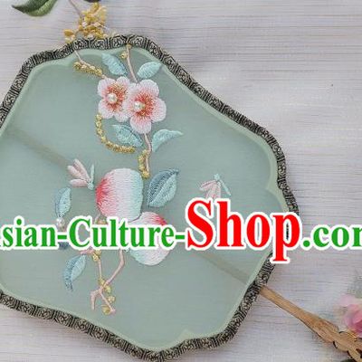 China Handmade Embroidered Peach Flowers Palace Fan Classical Green Silk Fan Traditional Song Dynasty Court Fan